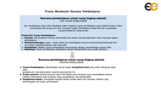 Proses Mendesain Rencana Pembelajaran
Rencana pembelajaran untuk ruang lingkup sekolah
ALUR TUJUAN PEMBELAJARAN
Alur pembelajaran yang runtut dinyatakan dalam rangkaian tujuan pembelajaran yang meliputi konten/ materi,
keterampilan dan konsep inti untuk mencapai Capaian Pembelajaran setiap Fase dan menjelaskan
cakupan/kedalaman setiap konten
Prinsip Alur Tujuan Pembelajaran:
● Esensial, ada penjabaran konsep, keterampilan dan konten inti yang diperlukan untuk mencapai capaian
pembelajaran
● Berkesinambungan, tujuan - tujuan dalam alur pembelajaran tersusun secara berkesinambungan dan
urut secara berjenjang dengan arah yang jelas
● Kontekstual, Tahapan tujuan pembelajaran sesuai dengan tahapan perkembangan peserta didik.
● Sederhana. Tujuan pembelajaran disampaikan dengan bahasa/istilah yang mudah dipahami.
Rencana pembelajaran untuk ruang lingkup sekolah
KEGIATAN PEMBELAJARAN
1. Tujuan Pembelajaran, dikembangkan sesuai dengan kompetensi utuh yang sudah melingkupi aspek
sikap,
pengetahuan, dan keterampilan, beserta materi/konten inti
2. Proses asesmen, strategi pencarian bukti hasil belajar yang menyasar tujuan pembelajaran beserta
indikator keberhasilan yang mengukur sikap, pengetahuan, dan keterampilan.
3. Pengalaman belajar, serangkaian kegiatan dengan alokasi waktu dan menyasar indikator yang
dikembangkan dari tujuan pembelajaran
 