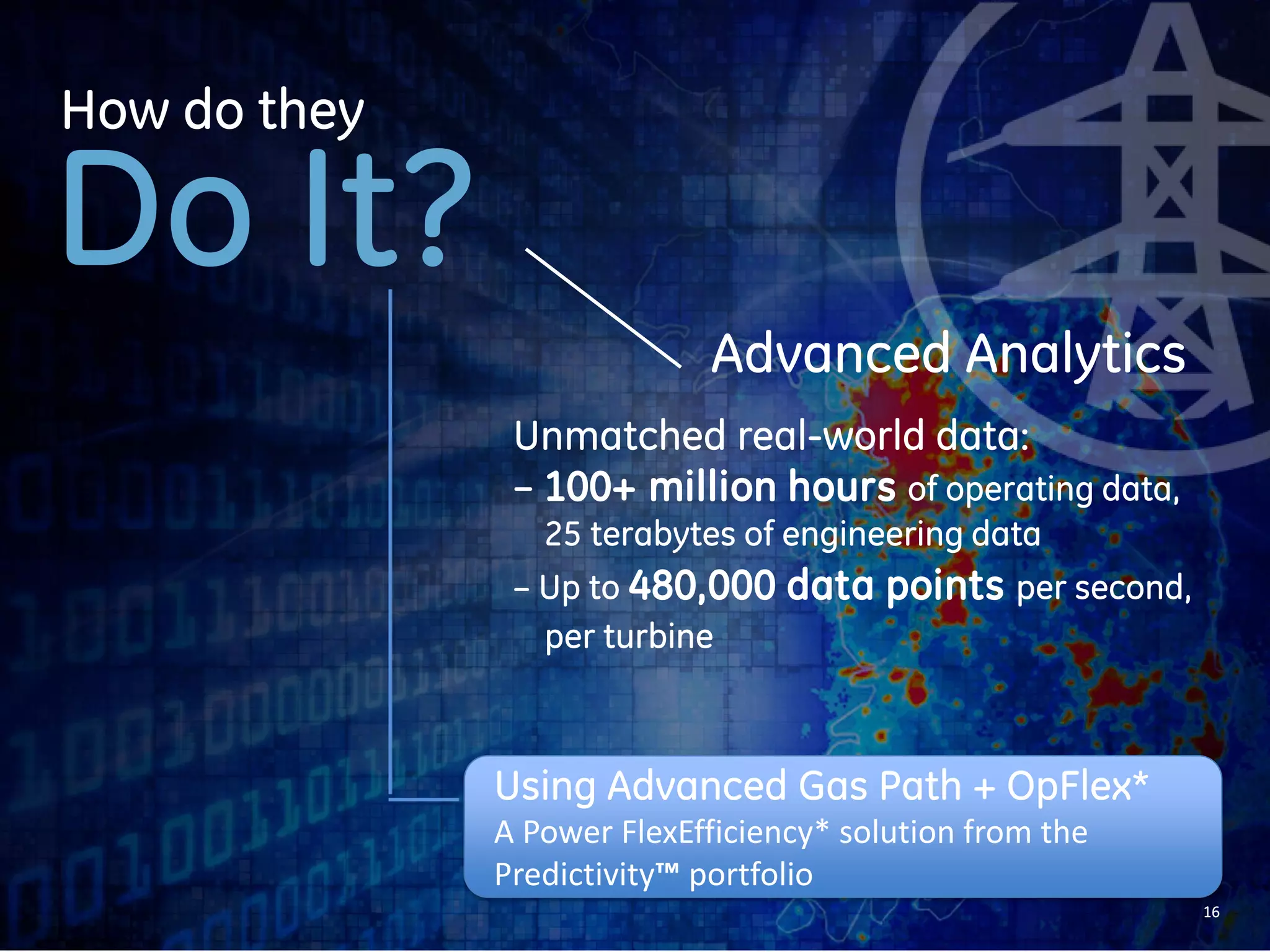 16 
Software 
How do they 
Do It? 
Transforming data into knowledge, 
powering proactive control and decision making 
OpFlex* software delivers the difference: 
– Model-based controls adapted from GE’s 
aircraft engines 
– Two million hours of operation on 400+ gas 
turbines 
Using Advanced Gas Path + OpFlex* 
A Power FlexEfficiency* solution from the 
Predictivity™ portfolio 
 