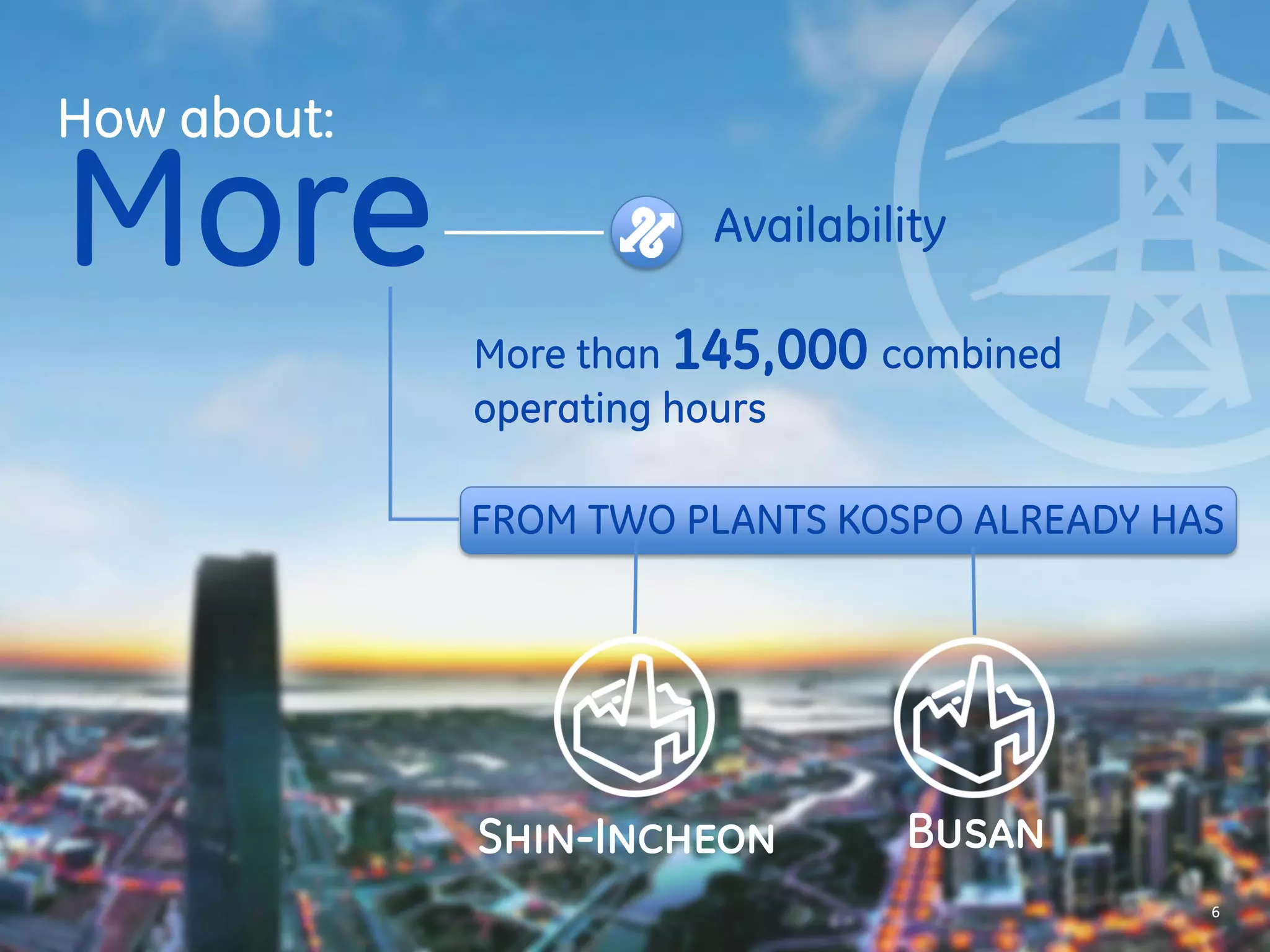 How about: 
Availability 
6 
More than 145,000 combined 
operating hours 
More 
FROM TWO PLANTS KOSPO 
ALREADY HAS 
Shin-Incheon Busan 
 