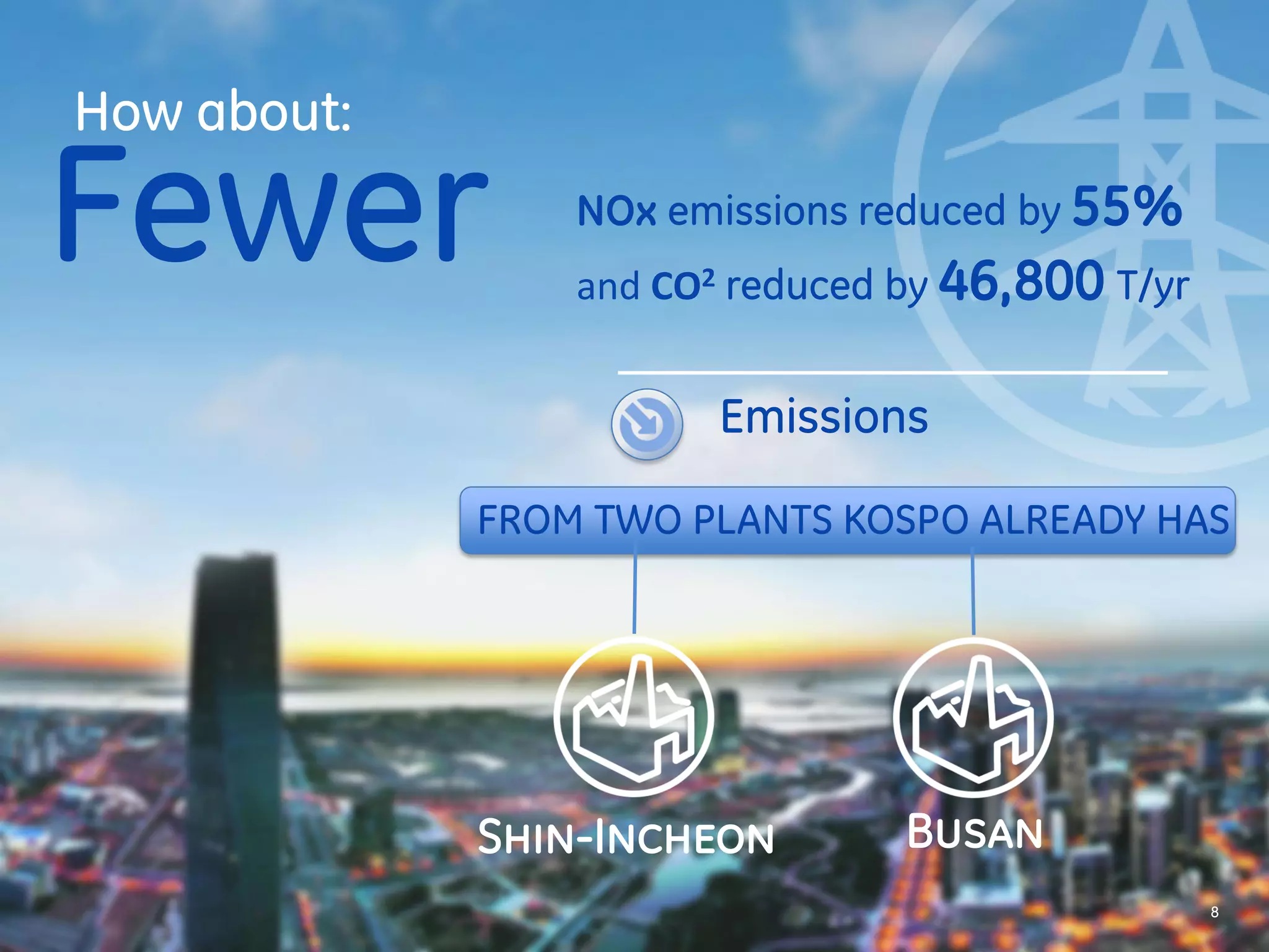 How about: 
Emissions 
8 
NOx emissions reduced by 
55% 
and CO2 reduced by 46,800 
T/yr 
Fewer 
FROM TWO PLANTS KOSPO 
ALREADY HAS 
Shin-Incheon Busan 
 