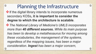 If the digital library intends to incorporate numerous
secondary KOSs, it is important to consider the
degree to which the architecture is scalable.
The National Library of Medicine's UMLS incorporates
more than 40 different sources. While its main purpose
has been to develop a metathesaurus for moving among
these vocabularies, the management of the systems,
regardless of the mapping issues, has been a major
consideration. Ingest has been a major concern,
Planning the Infrastructure
 