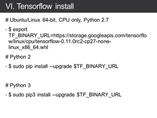 VI. Jupyter notebook
• $ sudo apt-get -y install ipython ipython-notebook
• $ sudo -H pip install jupyter
You are using pip version 8.1.1, however version 9.0.1 is
available.
You should consider upgrading via the 'pip install --upgrade
pip' command.
• $ sudo -H pip install –upgrade pip
• $ sudo -H pip install jupyter
 