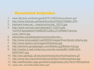 Kasutatud kirjandus
1. www.tfg.tartu.ee/bioloogia/ESITLUSED/okosysteem.ppt
2. http://www.fotorate.ee/fotod/thumbs/070922194905.JPG
3. kaamera.kose.ee/.../userpics/normal_10215.jpg
4. http://www.smt.edu.ee/materjalid/T.%20Tuulik
%20%F5piobjektid/TAIMEDE%20ELUVORMID/Tamme-
Lauri_tamm.jpg
5. wikimedia.org/wikipedia/commons/thumb/...
6. http://www.loodusajakiri.ee/lf2005/images/SvenZacek-rebane.jpg
7. http://www.teadus.ee/images/44/karbes.jpg
8. http://alorents.googlepages.com/Bakter.jpg/Bakter-full.jpg
9. http://media-2.web.britannica.com/eb-media/86/13486-004-
89AFA931.jpg
10. http://ess.geology.ufl.edu/ess/Introduction/Hydrosphere.gif
11. http://www.fas.org/irp/imint/docs/rst/Sect14/atmosphere.jpg
12. http://earthquake.usgs.gov/learning/glossary.php?term=lithosphere
13. www.ebu.ee/esitlus/Biosfaar.ppt
 