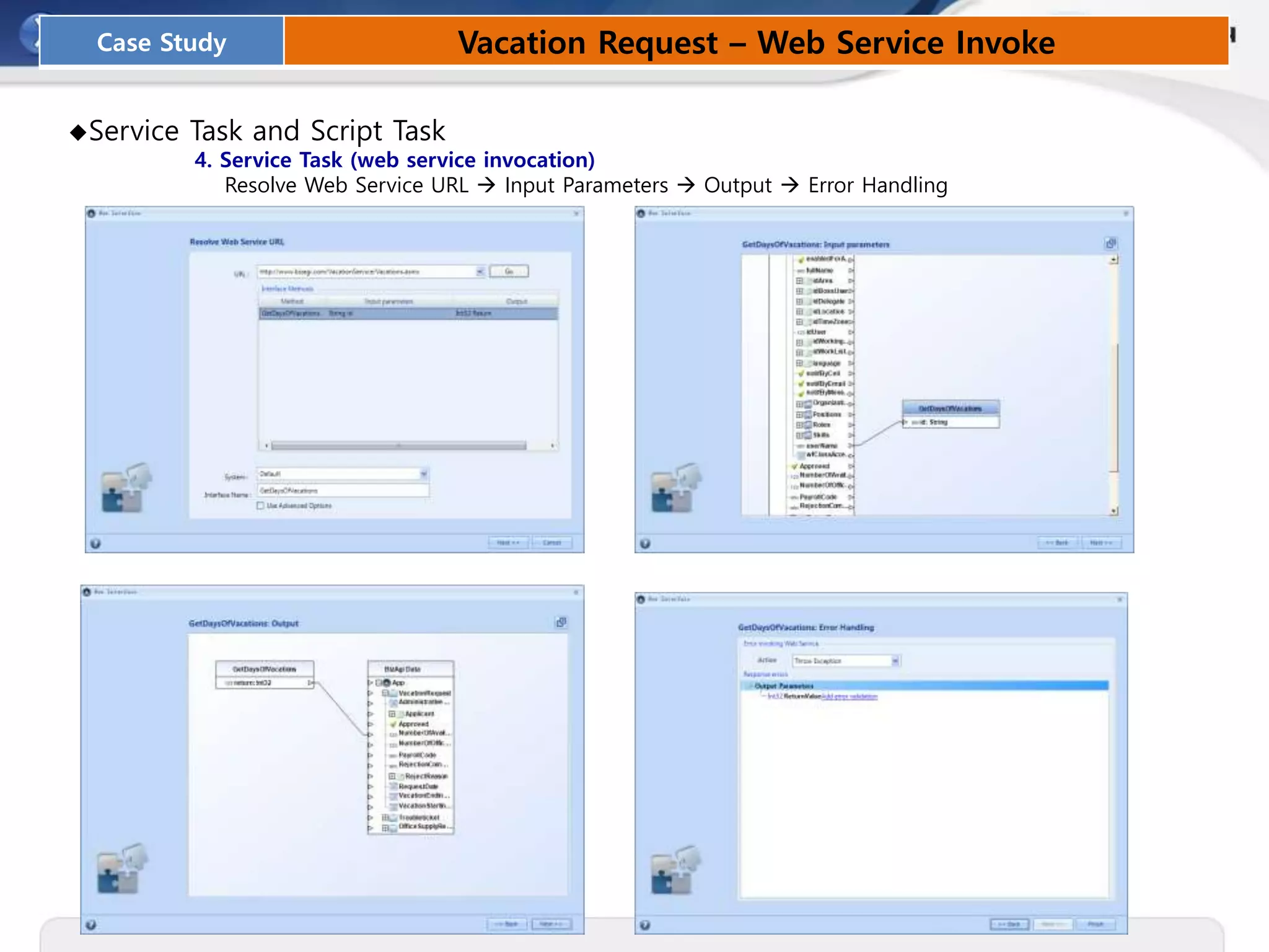 ◆Service Task and Script Task
4. Service Task (web service invocation)
Resolve Web Service URL  Input Parameters  Output  Error Handling
Case Study Vacation Request – Web Service Invoke
 