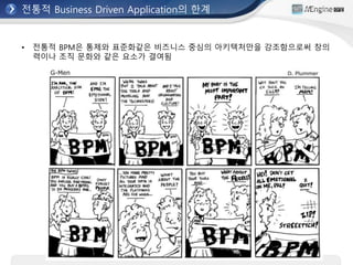 전통적 Business Driven Application의 한계
• 전통적 BPM은 통제와 표준화같은 비즈니스 중심의 아키텍처만을 강조함으로써 창의
력이나 조직 문화와 같은 요소가 결여됨
 