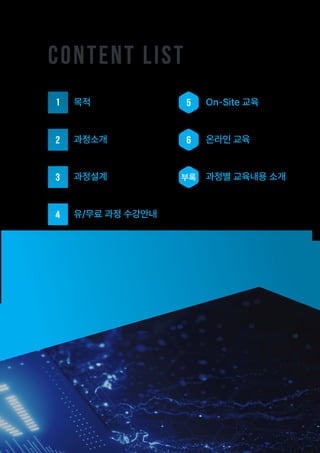 content list
4
6
2
3 부록
5
1 목적 On-Site 교육
과정소개 온라인 교육
과정설계 과정별 교육내용 소개
유/무료 과정 수강안내
 