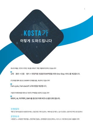KOSTA가
이렇게 도와드립니다
진행절차
역량요구분석(설문조사/방문인터뷰) ➢ 필요과정기획및설계 ➢ 계획수립및제안 ➢ 실시및운영 ➢ 결과피드백및로드맵제시
회사의 매출, 이익의 극적인 개선을 위해 IT 역량 개발에 투자하고 있습니까?
교육・훈련 → 인증・평가 → 현장적용 컨설팅의SW역량을 위한 One-Stop 서비스를 제공합니다.
IT교육을 통해 생산성 300배의 인재를 발굴, 육성하고 있습니까?
Full-cycle, Full-stack의 교육과정을 제공합니다.
기업의 미래대비를 위한 AI 기반의 IT역량을 보유하고 있습니까?
데이터, AI, 아키텍처, SW수출 등으로 미래 비즈니스를 도와드립니다.
운영효과
시험평가 ➢ 교육훈련역량개발 ➢ 현장적용컨설팅➢ 문제해결및생산성확대 ➢ 비즈니스기회확대및SW수출활로개척
3
 