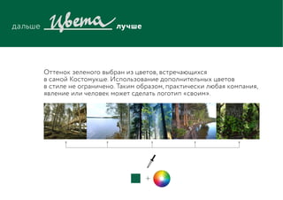 Оттенок зеленого выбран из цветов, встречающихся
в самой Костомукше. Использование дополнительных цветов
в стиле не ограничено. Таким образом, практически любая компания,
явление или человек может сделать логотип «своим».
 