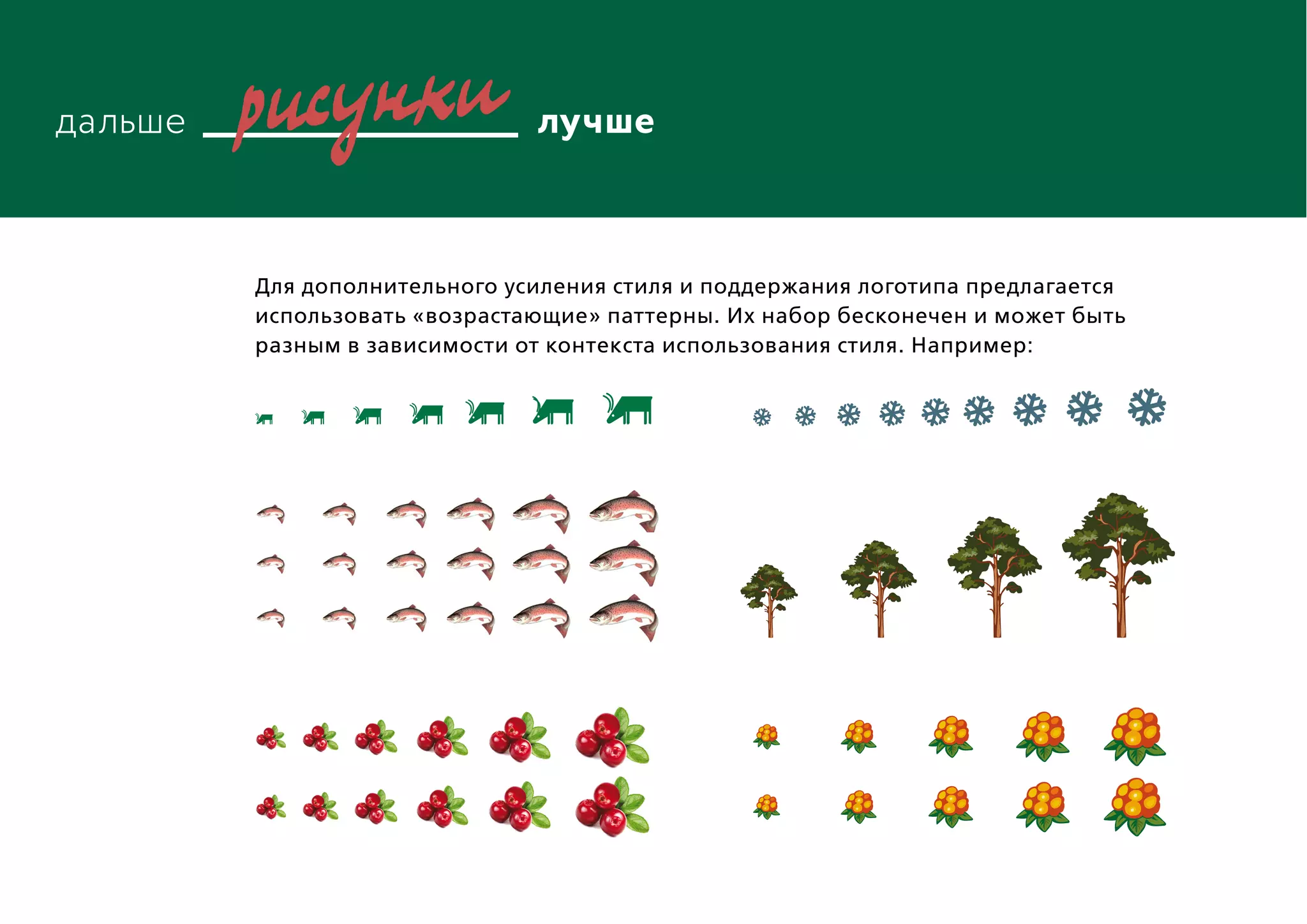 Для дополнительного усиления стиля и поддержания логотипа предлагается
использовать «возрастающие» паттерны. Их набор бесконечен и может быть
разным в зависимости от контекста использования стиля. Например:
 