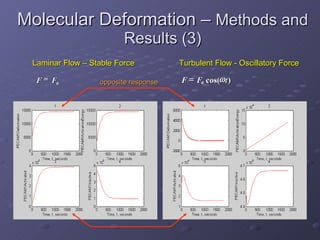 Molecular Deformation –  Methods and Results (3) 1.  Relative deformation x   2.   [x] of deformed receptors Laminar Flow – Stable Force Turbulent Flow - Oscillatory Force 3. Rates of Deformation 0 F F  ) cos( 0 t F F             T K W K x LS F K B r r exp )) ( 1 ( ) ( 0          T K W K x LS F K B f f exp ) ( ) ( 0 dt dF k m F x k dt dx k k m 1 1 1 2 1 1 1             kf A kr kf dt A d     ] )[ ( ] [ * * opposite response 