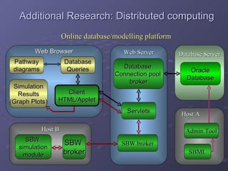 Additional Research: Distributed computing Web Browser Host A  Web Server SBW broker Database Server Host B SBW  broker SBW  simulation module Simulation Results (Graph Plots) Pathway diagrams Database Queries Online database/modelling platform SBW broker Servlets Database  Connection pool  broker Oracle Database Admin Tool SBML Client HTML/Applet SBW  broker SBW  simulation module 