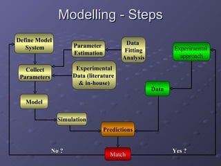 Modelling - Steps Define Model System Collect Parameters Model Parameter  Estimation Experimental Data (literature  & in-house) Data  Fitting Analysis Experimental  approach Data Simulation Predictions Match No ? Yes ? 