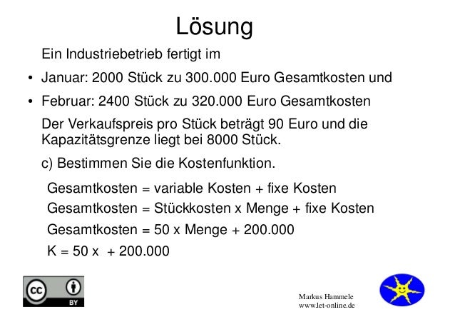 Aufgabe zu Kostenfunktion und Gewinnschwelle