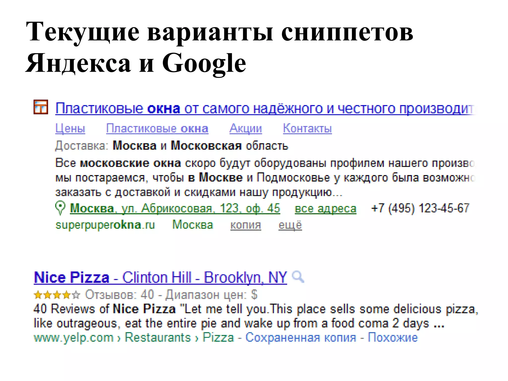 Текущие варианты сниппетов
Яндекса и Google
 