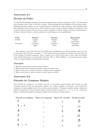 3
Auto-teste 2-1
Divis˜ao do Pulso
Na maioria das passagens musicais n´os ouvimos dura¸c˜oes que s˜ao mais curtas que o pulso. N´os chamamos
essas dura¸c˜oes mais curtas de divis˜oes do pulso. Pulsos geralmente s˜ao divididos em duas partes iguais,
chamados de pulso simples, ou em trˆes partes iguais, chamados de pulso composto. Seja cuidadoso para
n˜ao confundir o tipo de pulso, que se refere `a forma com que o pulso se divide (simples ou composto), com
o tipo de m´etrica, que se refere `a forma na qual o compasso se divide (bin´ario, tern´ario ou quatern´ario).
Os tipos comuns de pulso e m´etrica podem ser combinadas em seis possibilidades.
Pulso Bin´ario Tern´ario Quatern´ario
Simples simples Simples Simples
duplo triplo quatern´ario
Composto Composto Composto Composto
duplo triplo qu´adruplo
Por exemplo, cante [Take Me Out to the Ball Game] rapidamente em m´etrica bin´aria, como vocˆe fez
na discuss˜ao sobre m´etrica na p´agina **. Vocˆe pode ouvir que os pulsos se dividem em trˆes, logo este
´e um exemplo de bin´ario composto. Fa¸ca o mesmo com [I Don’t Know How to Love Him (do musical
Jesus Christ Superstar)] ou [Around Her Neck She Wore a Yellow Ribbon], e vocˆe perceber´a que ambas
est˜ao em bin´ario simples (ou quatern´ario simples).
Checagem
1. Quantas semicolcheias existem numa m´ınima?
2. Dois pontos numa sem´ınima adicionam quais dura¸c˜oes `a ela?
3. Qual o termo que se refere ao n´umero de pulsos num compasso?
4. Qual o termo que se refere `a forma na qual o pulso se divide?
Auto-teste 2-2
F´ormula de Compasso Simples
Uma f´ormula de compasso ´e um s´ımbolo que diz ao executante quantos pulsos ir˜ao ocorrer em cada
compasso, qual nota que ir´a representar o pulso, e se o pulso ´e simples ou composto. Uma f´ormula de
compasso de pulso simples tem 2, 3 ou 4 como n´umero superior. O n´umero superior indica o n´umero de
pulsos no compasso; o n´umero inferior indica a nota referente ao pulso (2 = ˘ , 4 = ˇ , 8 = (ˇ , e assim por
diante). Algumas f´ormulas de compasso simples est˜ao listadas na tabela abaixo.
F´ormula de compasso Pulsos por compasso Figura ref. ao pulso divis˜ao do pulso
4
2
2
2
2 ou
2
16
3
3
4
3
3
8
4
4
4
4 ou
4
 