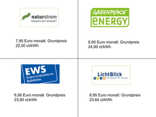 7,95 Euro monatl. Grundpreis   8,90 Euro monatl. Grundpreis
22,50 ct/kWh                   24,80 ct/kWh




6,90 Euro monatl. Grundpreis   8,95 Euro monatl. Grundpreis
23,90 ct/kWh                   23,64 ct/kWh
 