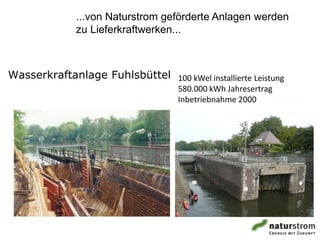 ...von Naturstrom geförderte Anlagen werden
              zu Lieferkraftwerken...



Wasserkraftanlage Fuhlsbüttel 100 kWel installierte Leistung
                                    580.000 kWh Jahresertrag
                                    Inbetriebnahme 2000
 