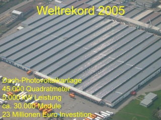 Weltrekord 2005




Dach-Photovoltaikanlage
45.000 Quadratmeter
5.000 kW Leistung
ca. 30.000 Module
23 Millionen Euro Investition
 