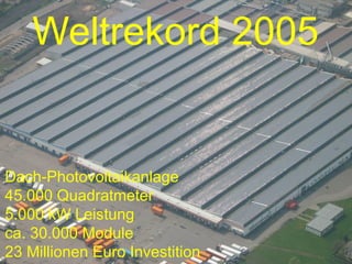 Weltrekord 2005


Dach-Photovoltaikanlage
45.000 Quadratmeter
5.000 kW Leistung
ca. 30.000 Module
23 Millionen Euro Investition
 