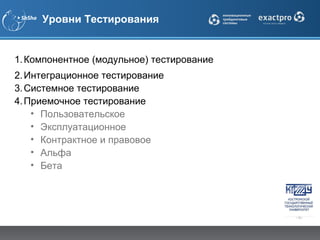 Уровни Тестирования


1. Компонентное (модульное) тестирование
2. Интеграционное тестирование
3. Системное тестирование
4. Приемочное тестирование
    • Пользовательское
    • Эксплуатационное
    • Контрактное и правовое
    • Альфа
    • Бета
 