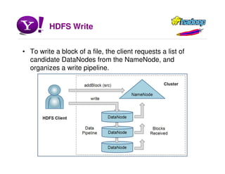 HDFS Write
• To write a block of a file, the client requests a list of
candidate DataNodes from the NameNode, and
organizes a write pipeline.
 