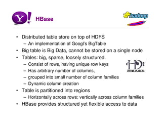 HBase
• Distributed table store on top of HDFS
– An implementation of Googl’s BigTable
• Big table is Big Data, cannot be stored on a single node
• Tables: big, sparse, loosely structured.
– Consist of rows, having unique row keys
– Has arbitrary number of columns,
– grouped into small number of column families
– Dynamic column creation
• Table is partitioned into regions
– Horizontally across rows; vertically across column families
• HBase provides structured yet flexible access to data
 