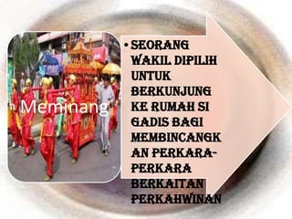 •SǰԲ
            wakil dipilih
            untuk
            berkunjung
Meminang    ke rumah si
            gadis bagi
            membincangk
            an perkara-
            perkara
            berkaitan
            perkahwinan
 