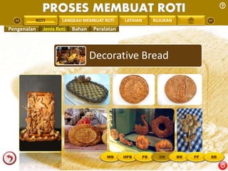 PROSES MEMBUAT ROTI 
PENGREONTAI LAN LANGKAH MEMBUAT ROTI LATIHAN RUJUKAN 
Pengenalan Jenis Roti Bahan Peralatan 
Decorative Bread 
ROTI 
WB HFB FB DB BR FF SB 
 