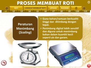 PROSES MEMBUAT ROTI 
PENGREONTAI LAN LANGKAH MEMBUAT ROTI 
LATIHAN RUJUKAN 
L1 L2 L3 L4 L5 L6 L7 L8 L9 L10 L11 
• Guna bahan/ramuan berkualiti 
tinggi dan ditimbang dengan 
tepat. 
• Penimbang digital lebih sensitif 
dan diguna untuk menimbang 
bahan dalam kuantiti kecil 
seperti yis dan garam. 
Peraturan 
Menimbang 
(Scaling) 
 