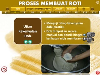 PROSES MEMBUAT ROTI 
PENGREONTAI LAN LANGKAH MEMBUAT ROTI 
LATIHAN RUJUKAN 
L1 L2 L3 L4 L5 L6 L7 L8 L9 L10 L11 
• Menguji tahap kekenyalan 
doh (elastik). 
• Doh dinipiskan secara 
manual dan ditarik hingga 
kelihatan nipis membrannya. 
Ujian 
Kekenyalan 
Doh 
 