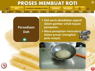 PROSES MEMBUAT ROTI 
PENGREONTAI LAN LANGKAH MEMBUAT ROTI 
LATIHAN RUJUKAN 
L1 L2 L3 L4 L5 L6 L7 L8 L9 L10 L11 
• Doh perlu disediakan seperti 
dalam gambar untuk tujuan 
penapaian. 
• Masa penapaian mencukupi 
dalam prover (mengikut 
jenis resepi). 
Persediaan 
Doh 
 