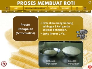 PROSES MEMBUAT ROTI 
PENGREONTAI LAN LANGKAH MEMBUAT ROTI 
LATIHAN RUJUKAN 
L1 L2 L3 L4 L5 L6 L7 L8 L9 L10 L11 
• Doh akan mengembang 
sehingga 2 kali ganda 
selepas penapaian. 
• Suhu Prover 27°C. 
Proses 
Penapaian 
(Fermentation) 
Selepas 
Penapaian 
Sebelum 
Penapaian 
 