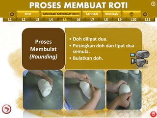 PROSES MEMBUAT ROTI 
PENGREONTAI LAN LANGKAH MEMBUAT ROTI 
LATIHAN RUJUKAN 
L1 L2 L3 L4 L5 L6 L7 L8 L9 L10 L11 
• Doh dilipat dua. 
• Pusingkan doh dan lipat dua 
semula. 
• Bulatkan doh. 
Proses 
Membulat 
(Rounding) 
 