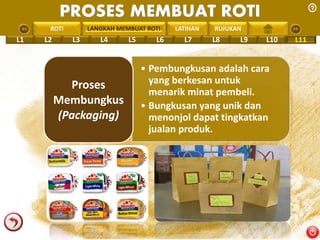 PROSES MEMBUAT ROTI 
PENGREONTAI LAN LANGKAH MEMBUAT ROTI 
LATIHAN RUJUKAN 
L1 L2 L3 L4 L5 L6 L7 L8 L9 L10 L11 
• Pembungkusan adalah cara 
yang berkesan untuk 
menarik minat pembeli. 
• Bungkusan yang unik dan 
menonjol dapat tingkatkan 
jualan produk. 
Proses 
Membungkus 
(Packaging) 
 