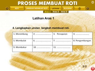 PROSES MEMBUAT ROTI 
PENGREONTAI LAN LANGKAH MEMBUAT ROTI LATIHAN 
RUJUKAN 
Aras 1 Aras 2 Aras 3 
Latihan Aras 1 
2/2 
4. Lengkapkan urutan langkah membuat roti. 
 