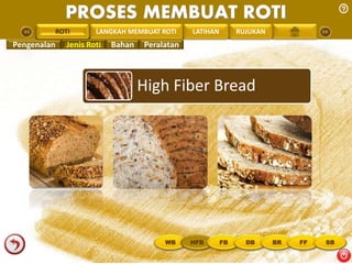 PROSES MEMBUAT ROTI 
PENGREONTAI LAN LANGKAH MEMBUAT ROTI LATIHAN RUJUKAN 
Pengenalan Jenis Roti Bahan Peralatan 
High Fiber Bread 
ROTI 
WB HFB FB DB BR FF SB 
 