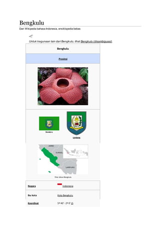 Bengkulu
Dari Wikipedia bahasa Indonesia, ensiklopedia bebas
Untuk kegunaan lain dari Bengkulu, lihat Bengkulu (disambiguasi).
Bengkulu
Provinsi
Bendera
Lambang
Peta lokasi Bengkulu
Negara Indonesia
Ibu kota Kota Bengkulu
Koordinat 5º 40' - 2º 0' LS
 