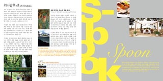 키나발루 산 Mt. Kinabalu
코타 키나발루가 여느 열대의 휴양지들과 분명히 구

포링 온천과 캐노피 정글 워크

분되는 점은 동남아시아 최고봉으로 알려진 해발고도

SbSpoon
o
o

Poring Hot Springs & Canopy Jungle Walkway

4,101m의 키나발루 산을 두고 있다는 점일 것이다. 산
악인들 사이에서 유명했다가 지난 2000년 세계자연유

우리식의‘둘레길’
여행이 키나발루 산에서도 가

산으로 지정되면서 여행자들의 관심도 더욱 높아졌다.

능하다? 굳이 정상을 오르지 않더라도 산 중턱을

두터운 구름 띠 사이사이로 뾰족한 봉우리를 보일 듯

둘러보는 하루 코스의 트레킹만으로도 그 거대한

말 듯 감춘 그 신비로운 산세를 펼쳐내고 있다.

자연이 주는 감동을 맛보기에 충분하다. 이 여정

동안 대표적인 즐길 곳이 포링 온천. 더운 나라에
키나발루 산은 가볍게 일일 트레킹을 즐기거나 1박2일

서 웬 온천이냐고 하겠지만, 흐린 날에는 오슬오

혹은 2박3일 등 여러 일정으로 오를 수 있는데, 정상

슬 한기마저 느껴지는 산속 기후는 뜨거운 온천

까지 오르려면 미리 산속 숙소와 가이드, 포터를 예약

욕을 즐기기에‘딱 좋은’환경이다.

하는 등 준비해야 한다. 키나발루 산은 그 품으로 향하
는 문을 쉽게 열어주지 않는 것으로 악명이 높아 날씨

2~3명이 들어갈 수 있는 작은 탕이 여러 개 있

도 잘 따져봐야 하는 중요한 변수.

고 섭씨 50도가 넘는 유황온천수에 몸을 담그면
열대우림 속에서 즐기는 색다른 온천욕을 만끽할

키나발루 산 등정의 백미는 빼곡한 열대우림 속에서 만

수 있다. 포링 온천에서 20분 정도 더 올라간 곳

나는 자연이다. 때론 하늘을 가려버린 울창한 숲이 서

에 자리한 캐노피 워크는 나무와 나무 사이를 잇

늘한 기운을 감돌게 하고, 꽃잎 한 장의 폭이 2~3미터

는 지상 40m, 총 길이 157m의 흔들다리인데, 울

나 되는 세계에서 가장 큰 꽃,‘라플레시아’ 비롯하
를

창한 열대우림과 다양한 동식물을 가까이 볼 수

여 고도에 따라 고른 식생 분포와 독특한 동식물과 만
나는 즐거움도 챙기게 된다. 산장에 도착한 뒤 새벽녘
에 정상에 오르면 키나발루 산의 진짜 선물이 이때부
터 펼쳐지는데, 바로 멀리 남지나해의 일출이다.

있는 짜릿한 경험이 기다리고 있다.
⊙ 키나발루 국립공원

07:00~22:00
코타 키나발루 시내에서 버스나 자동차로 약 2시간 30분(버스 요금 15링
깃)
공원 관리사무소에서 할 수 있다. 088-88-9088 등반 허가비 RM 100, 가이드비 RM
70, 포터비 RM 60 등을 지불해야 한다.
국립공원 관리소에서는 등반객의 신원 조회와 등록
은 필수다.
수트라 생추어리 로지 088-24-3629 / www.suterasanctuarylodges.com
[포링 온천 ]
07:00~18:00
RM 15 [캐노피정글 워크]
09:00~16:00
RM 5

쿤다상 마켓 Kundasang Market

키나발루 산을 오르기 전 산 아래 마을 쿤다상에 잠시 들르게 된다.
영락없는 말레이시아 시골의 작은 장터를 떠올리게 하는 곳. 열대
과일을 수북이 쌓아 놓고 파는 노점들과 기념품점들이 다닥다닥 붙
어 서 있다. 산을 오르거나 주변을 여행하는 이들이 이곳에서 필요
한 식료품 등을 사간다고. 시장 한 켠 전망대에서는 날씨가 맑은 날
이면 저 만치 웅장한 산세를 드러내고 있는 키나발루 산의 자태를
또렷하게 볼 수 있다. 쿤다상 마켓이 유명한 진짜 이유는 이 때문이
아닐까? 거대한 왕관이 하나 솟아오른 듯, 키나발루 산의 절경이
가장 적당히, 한 눈에 들어오는 특급 뷰 퓨인트이다.

말레이시아인들 가운데서도 가장 개방적이고, 유쾌하고, 자부심 강하기로 소문
난 코타 키나발루 사람들. 이곳의 음식은 그들의 성향을 쏙 빼 닮았다. 세계 최
고의 커피와 해산물을 맛보고, 세계 어떤 요리도 경험해 볼 수 있으며, 누구라
도 이곳에서 만나는 맛과 분위기를 기꺼이 즐기게 하는 곳. 미식의 천국 코타
키나발루로의 여행이 다이어터들에게는 눈물과 행복을 동시에 맛보게 하는, 희
비의 시간이 될 이유들을 어디서나 발견하게 될 것이다.

 