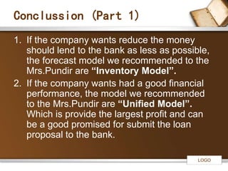 LOGO 
Conclussion (Part 1) 
1. If the company wants reduce the money 
should lend to the bank as less as possible, 
the forecast model we recommended to the 
Mrs.Pundir are “Inventory Model”. 
2. If the company wants had a good financial 
performance, the model we recommended 
to the Mrs.Pundir are “Unified Model”. 
Which is provide the largest profit and can 
be a good promised for submit the loan 
proposal to the bank. 
 