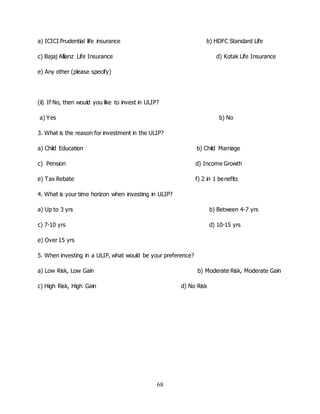 68
a) ICICI Prudential life insurance b) HDFC Standard Life
c) Bajaj Allianz Life Insurance d) Kotak Life Insurance
e) Any other (please specify)
(ii) If No, then would you like to invest in ULIP?
a) Yes b) No
3. What is the reason for investment in the ULIP?
a) Child Education b) Child Marriage
c) Pension d) Income Growth
e) Tax Rebate f) 2 in 1 benefits
4. What is your time horizon when investing in ULIP?
a) Up to 3 yrs b) Between 4-7 yrs
c) 7-10 yrs d) 10-15 yrs
e) Over 15 yrs
5. When investing in a ULIP, what would be your preference?
a) Low Risk, Low Gain b) Moderate Risk, Moderate Gain
c) High Risk, High Gain d) No Risk
 