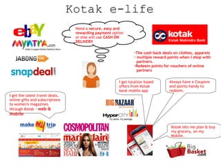 Kotak e-life
Need a secure, easy and
rewarding payment option
or else will use CASH ON
DELIVERY
-The cash back deals on clothes, apparels
- multiple reward points when I shop with
partners.
-Redeem points for vouchers of online
partners
I get location based
offers from Kotak
bank mobile app

Always have e Coupons
and points handy to
redeem.

I get the latest travel deals,
online gifts and subscriptions
to women's magazines
through Kotak - web &

mobile

Kotak lets me plan & buy
my grocery, on my
Mobile.

 