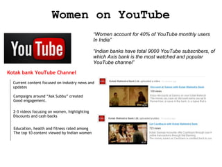 Women on YouTube
“Women account for 40% of YouTube monthly users
In India”
“Indian banks have total 9000 YouTube subscribers, of
which Axis bank is the most watched and popular
YouTube channel”
Kotak bank YouTube Channel
Current content focused on industry news and
updates
Campaigns around “Ask Subbu” created
Good engagement.
2-3 videos focusing on women, highlighting
Discounts and cash backs
Education, health and fitness rated among
The top 10 content viewed by Indian women

 