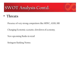 SWOT Analysis Contd.SWOT Analysis Contd.
• Threats
Presence of very strong competitors like HDFC, AXIS, SBI
Changing Economic scenario, slowdown of economy.
New upcoming Banks in retail
Stringent Banking Norms
 