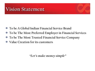 Vision StatementVision Statement
To be A Global Indian Financial Service Brand
To be The Most Preferred Employer in Financial Services
To be The Most Trusted Financial Service Company
Value Creation for its customers
“Let’s make money simple”
 