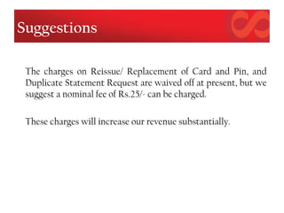 Suggestions
The charges on Reissue/ Replacement of Card and Pin, and
Duplicate Statement Request are waived off at present, but we
suggest a nominal fee of Rs.25/- can be charged.
These charges will increase our revenue substantially.
 