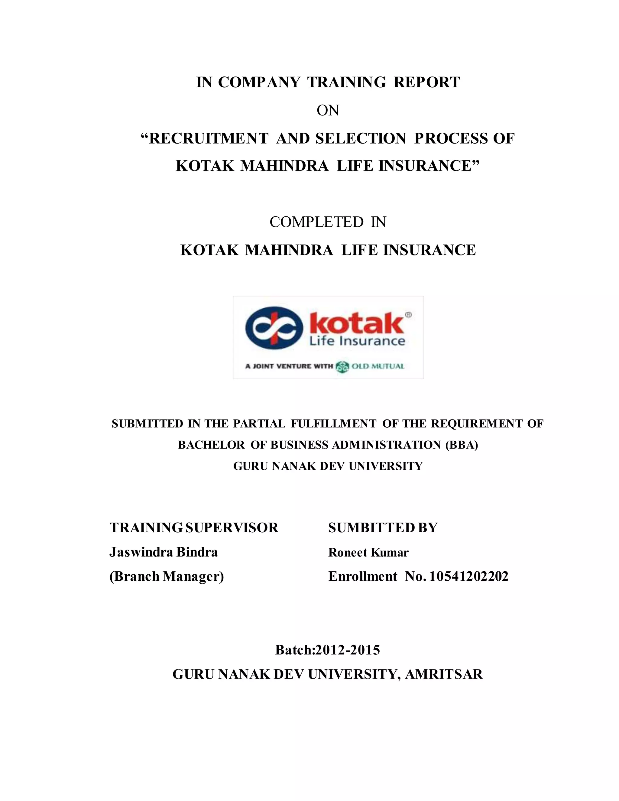 Kotak mahindra life insurance project report on recruitment and ...