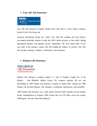  Tata AIG Life Insurance
Tata AIG Life Insurance Company Limited (Tata AIG Life) is a joint venture company,
formed by the Tata Group and
American International Group, Inc. (AIG). Tata AIG Life combines the Tata Group’s
pre-eminent leadership position in India and AIG’s global presence as the world’s leading
international insurance and financial services organization. The Tata Group holds 74 per
cent stake in the insurance venture with AIG holding the balance 26 percent. Tata AIG
Life provides insurance solutions to individuals and corporates.
 Reliance Life Insurance
Reliance Life Insurance Company Limited is a part of Reliance Capital Ltd. of the
Reliance - Anil Dhirubhai Ambani Group. The company acquired 100 per cent
shareholding in AMP Sanmar Life Insurance Company in August 2005. Taking over AMP
Sanmar Life provided Reliance Life Insurance a readymade infrastructure and a portfolio.
AMP Sanmar Life Insurance was a joint venture between AMP, Australia and the Sanmar
Group. Headquartered in Chennai, AMP Sanmar had over 90 offices across the country,
9,000 agents, and more than 900 employees
 