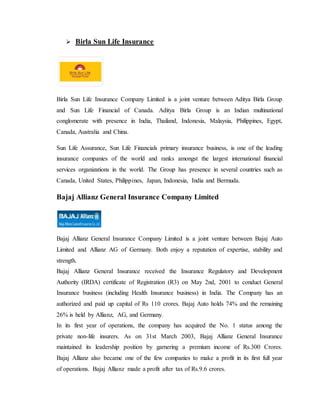  Birla Sun Life Insurance
Birla Sun Life Insurance Company Limited is a joint venture between Aditya Birla Group
and Sun Life Financial of Canada. Aditya Birla Group is an Indian multinational
conglomerate with presence in India, Thailand, Indonesia, Malaysia, Philippines, Egypt,
Canada, Australia and China.
Sun Life Assurance, Sun Life Financials primary insurance business, is one of the leading
insurance companies of the world and ranks amongst the largest international financial
services organizations in the world. The Group has presence in several countries such as
Canada, United States, Philippines, Japan, Indonesia, India and Bermuda.
Bajaj Allianz General Insurance Company Limited
Bajaj Allianz General Insurance Company Limited is a joint venture between Bajaj Auto
Limited and Allianz AG of Germany. Both enjoy a reputation of expertise, stability and
strength.
Bajaj Allianz General Insurance received the Insurance Regulatory and Development
Authority (IRDA) certificate of Registration (R3) on May 2nd, 2001 to conduct General
Insurance business (including Health Insurance business) in India. The Company has an
authorized and paid up capital of Rs 110 crores. Bajaj Auto holds 74% and the remaining
26% is held by Allianz, AG, and Germany.
In its first year of operations, the company has acquired the No. 1 status among the
private non-life insurers. As on 31st March 2003, Bajaj Allianz General Insurance
maintained its leadership position by garnering a premium income of Rs.300 Crores.
Bajaj Allianz also became one of the few companies to make a profit in its first full year
of operations. Bajaj Allianz made a profit after tax of Rs.9.6 crores.
 