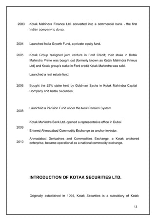 2003   Kotak Mahindra Finance Ltd. converted into a commercial bank - the first
       Indian company to do so.



2004   Launched India Growth Fund, a private equity fund.


2005   Kotak Group realigned joint venture in Ford Credit; their stake in Kotak
       Mahindra Prime was bought out (formerly known as Kotak Mahindra Primus
       Ltd) and Kotak group’s stake in Ford credit Kotak Mahindra was sold.

       Launched a real estate fund.


2006   Bought the 25% stake held by Goldman Sachs in Kotak Mahindra Capital
       Company and Kotak Securities.




       Launched a Pension Fund under the New Pension System.
2008


       Kotak Mahindra Bank Ltd. opened a representative office in Dubai
2009
       Entered Ahmadabad Commodity Exchange as anchor investor.

       Ahmadabad Derivatives and Commodities Exchange, a Kotak anchored
2010   enterprise, became operational as a national commodity exchange.




       INTRODUCTION OF KOTAK SECURITIES LTD.



       Originally established in 1994, Kotak Securities is a subsidiary of Kotak


                                                                              13
 
