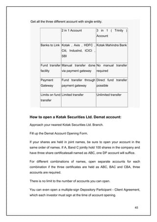 Get all the three different account with single entity.

                         2 in 1 Account            3 in 1 ( Trinity )
                                                   Account

       Banks to Link Kotak , Axis , HDFC , Kotak Mahindra Bank
                         Citi, IndusInd, ICICI ,
                         SBI

       Fund transfer Manual transfer done No manual transfer
       facility          via payment gateway       required

       Payment           Fund transfer through Direct fund transfer
       Gateway           payment gateway           possible

       Limits on fund Limited transfer             Unlimited transfer
       transfer




How to open a Kotak Securities Ltd. Demat account:

Approach your nearest Kotak Securities Ltd. Branch.

Fill up the Demat Account Opening Form.

If your shares are held in joint names, be sure to open your account in the
same order of names. If A, Band C jointly hold 100 shares in the company and
have three share certificatesall named as ABC, one DP account will suffice.

For different combinations of names, open separate accounts for each
combination if the three certificates are held as ABC, BAC and CBA, three
accounts are required.

There is no limit to the number of accounts you can open.

You can even open a multiple-sign Depository Participant - Client Agreement,
which each investor must sign at the time of account opening.


                                                                          45
 
